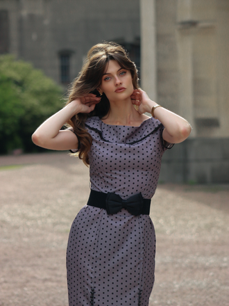 Gray 1960s Boat Neck Polka Dots Pencil Dress