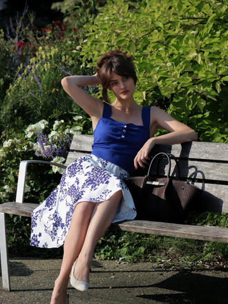 Blue 1950s Floral Button Sweetheart Neck Dress