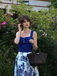Blue 1950s Floral Button Sweetheart Neck Dress