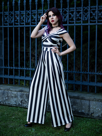 Black 1960s Off-Shoulder Stripes Jumpsuit