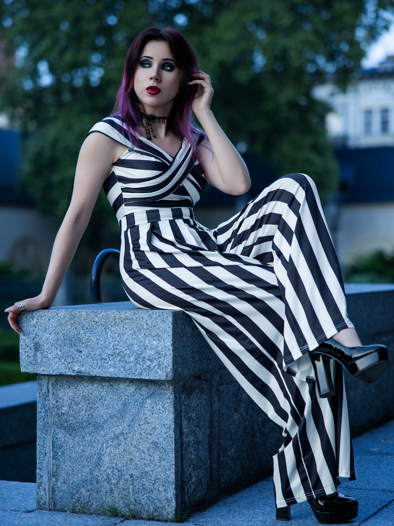 Black 1960s Off-Shoulder Stripes Jumpsuit