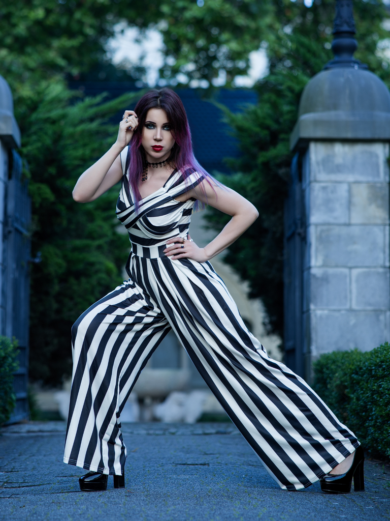 Black 1960s Off-Shoulder Stripes Jumpsuit