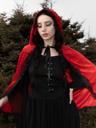 Red 1950s Halloween Lace Trim Velvet Cape