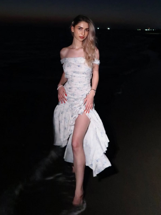 Blue 1930s Off-Shoulder Floral Ruffles Hem Dress