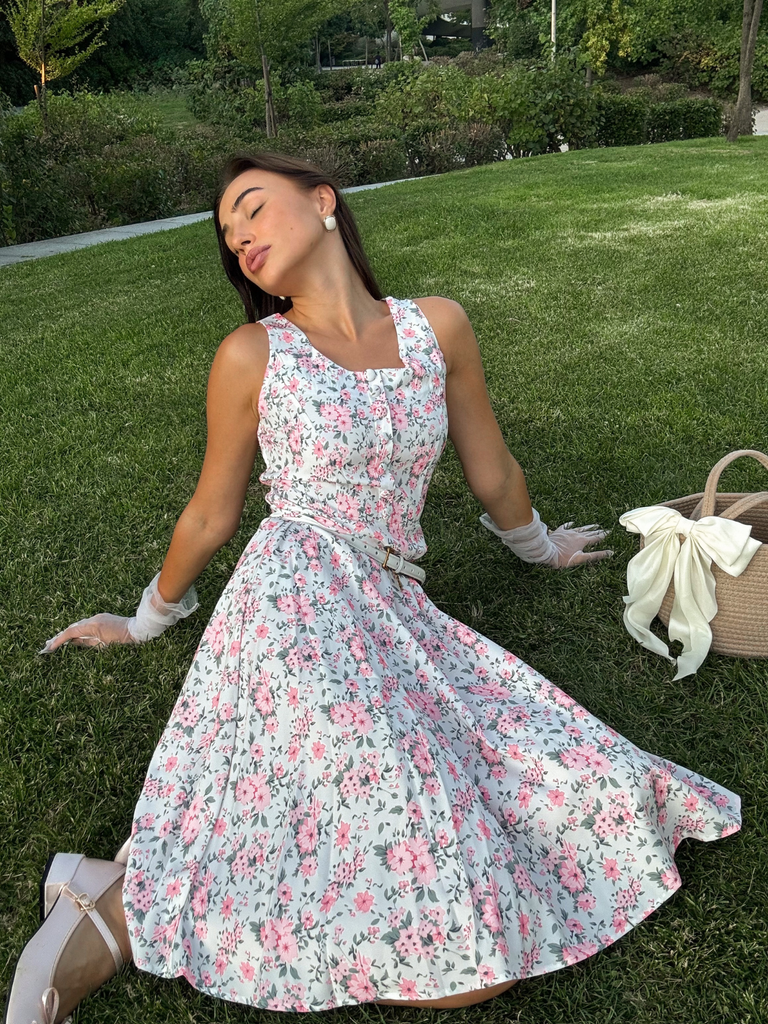 Pink 1950s Ditsy Floral Smocked Dress