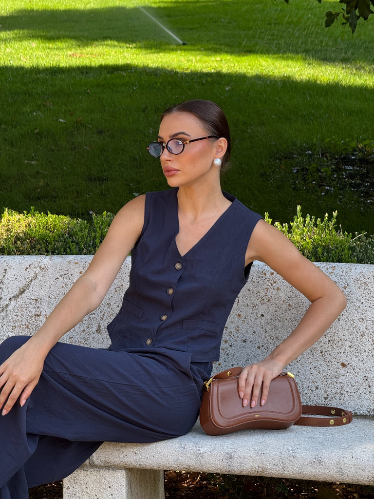 2PCS Dark Blue 1960s Solid Sleeveless Blazer Suit