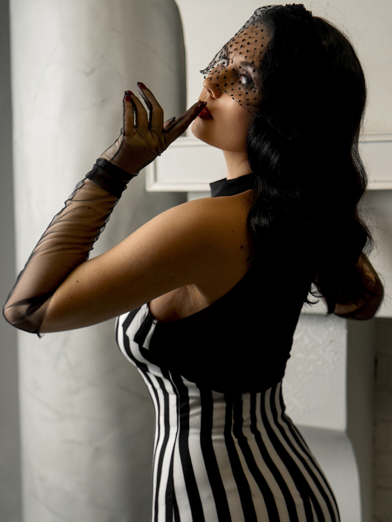 Black 1930s Spiderweb Mesh Stripe Fishtail Dress