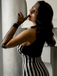 Black 1930s Spiderweb Mesh Stripe Fishtail Dress