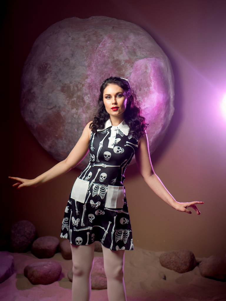 Black 1960s Halloween Skeleton Lapel Mod Dress