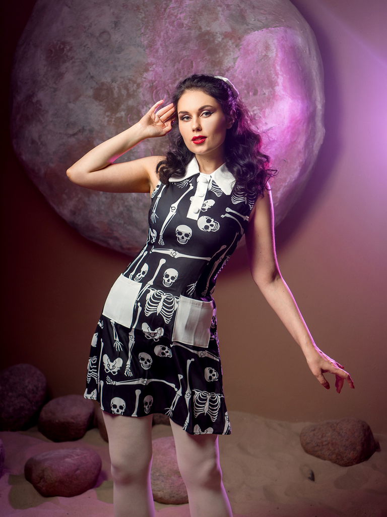 Black 1960s Halloween Skeleton Lapel Mod Dress