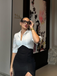 White & Black 1960s Notched Collar Ruched Bodycon Dress