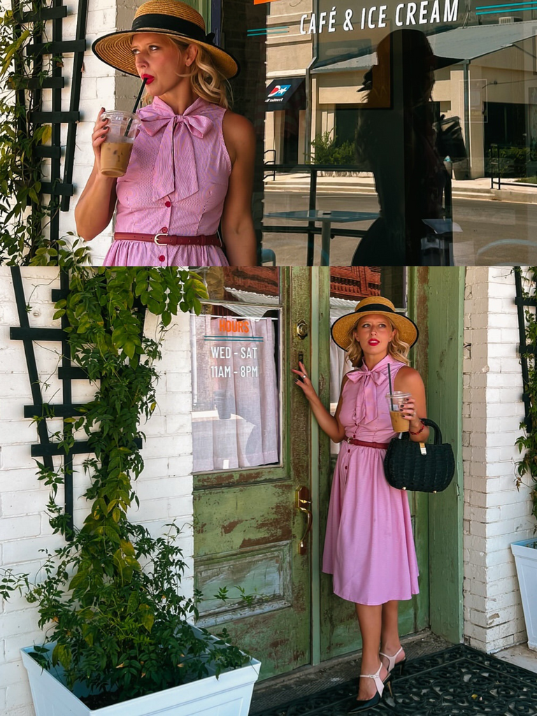 Pink 1950s Pinstripes Tie Collar Dress