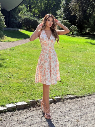 Orange 1950s Floral V-Neck Dress