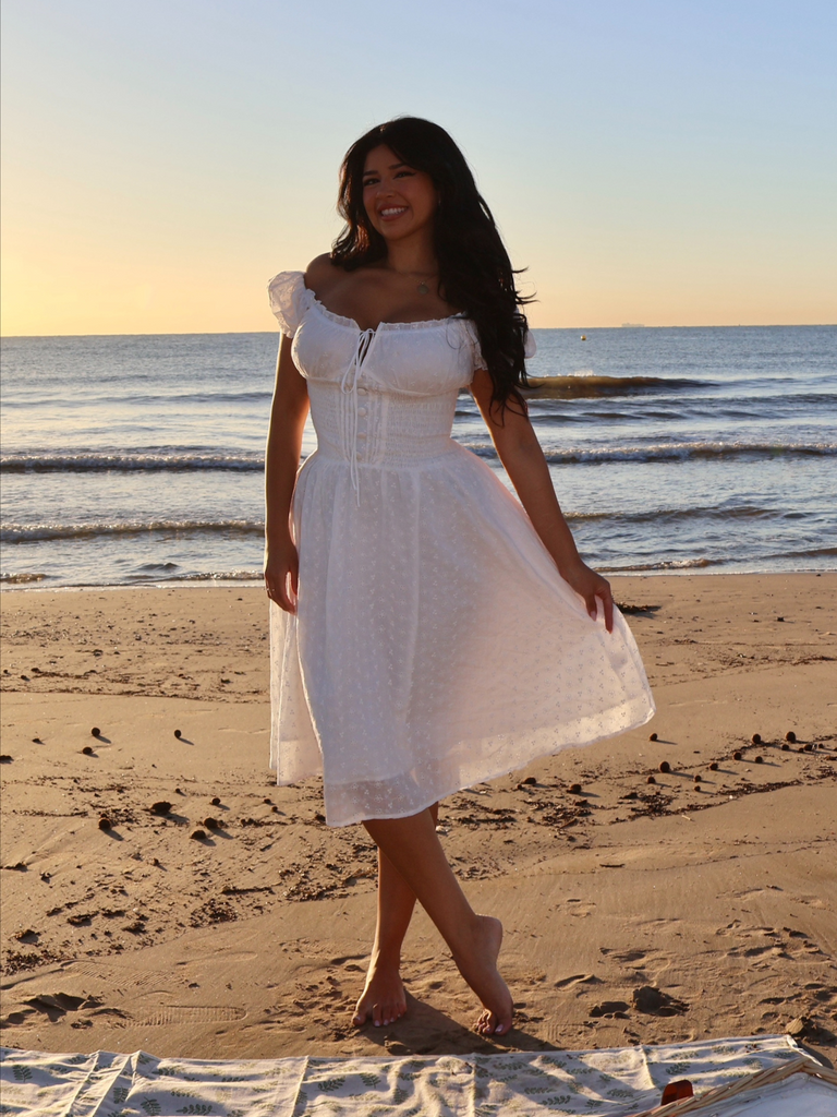 White 1940s Solid Cotton Embroidered Lace Dress