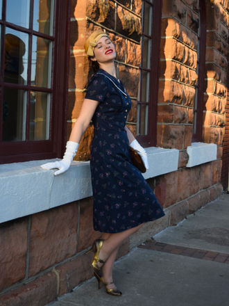 Pure Cotton Blue 1940s Puff Sleeves Floral Dress
