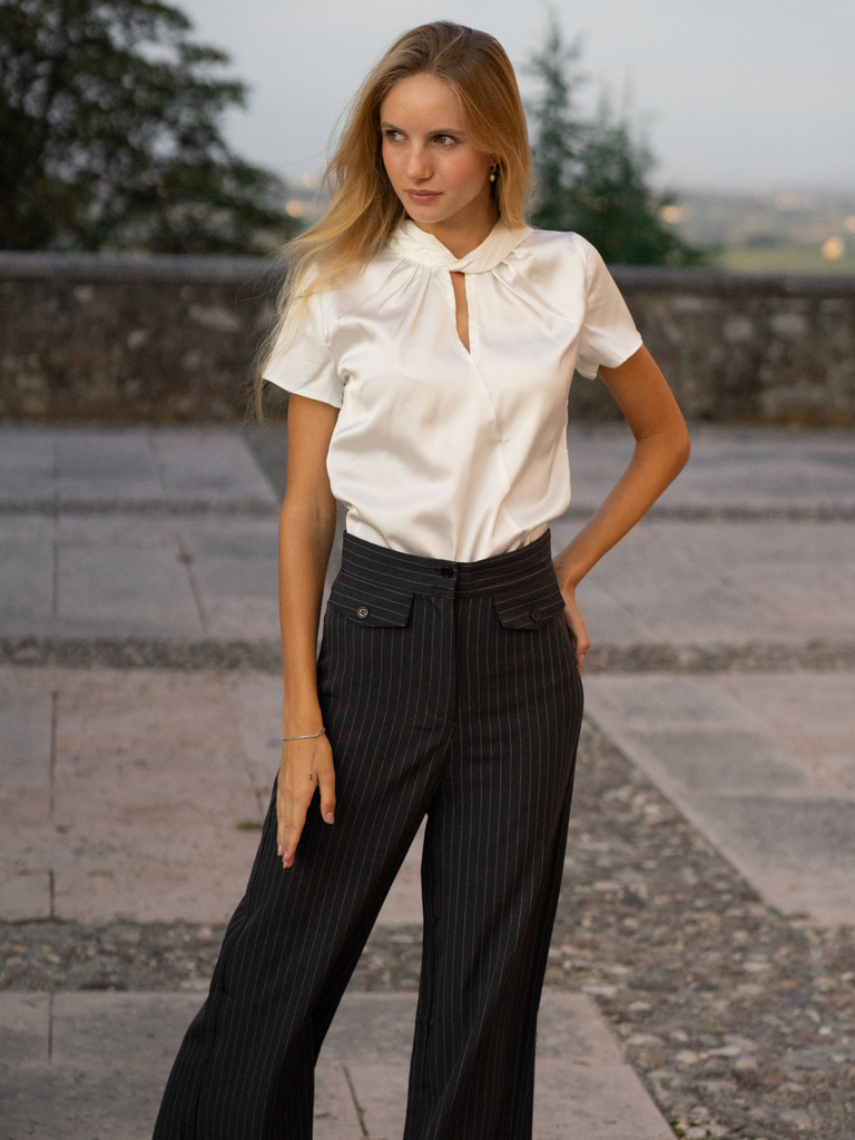 2PCS 1930s White Satin Blouse & Gray Pinstripes Pants