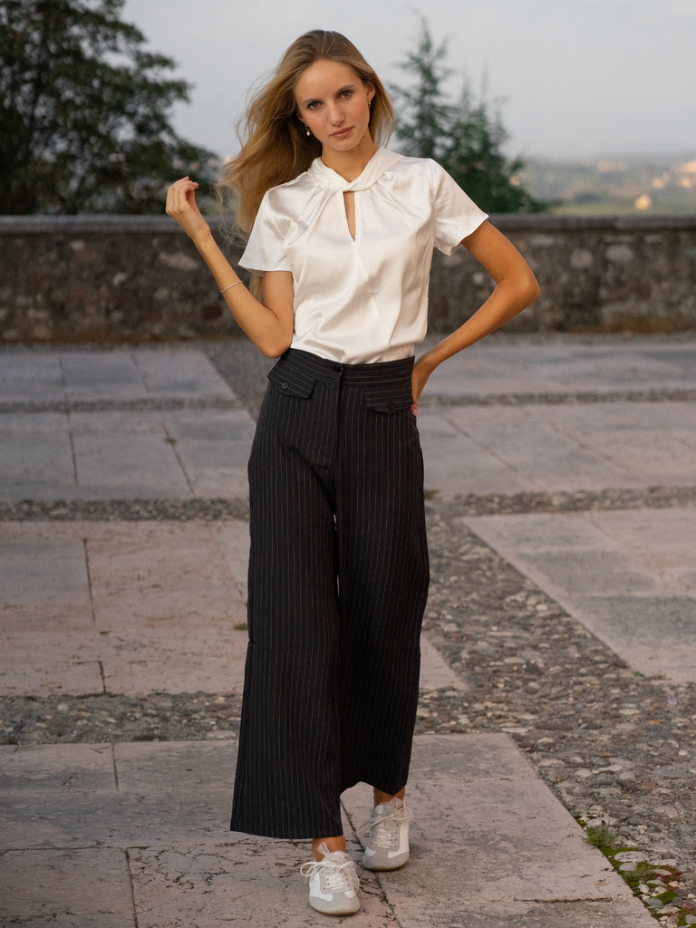 2PCS 1930s White Satin Blouse & Gray Pinstripes Pants