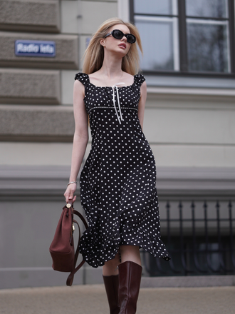 1940s Square Neck Polka Dot Ruffle Dress