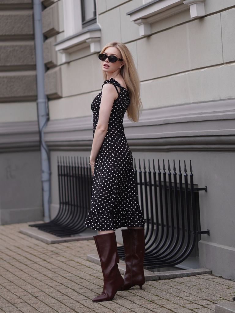 1940s Square Neck Polka Dot Ruffle Dress