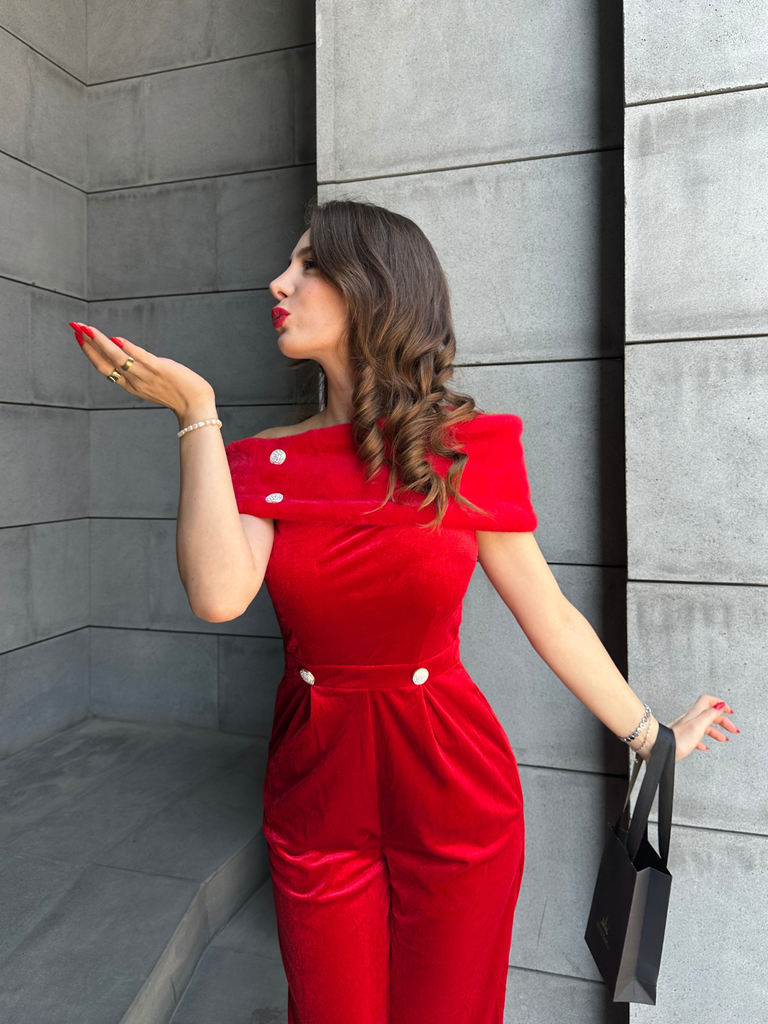 Red 1950s Velvet Off Shoulder Button Jumpsuit