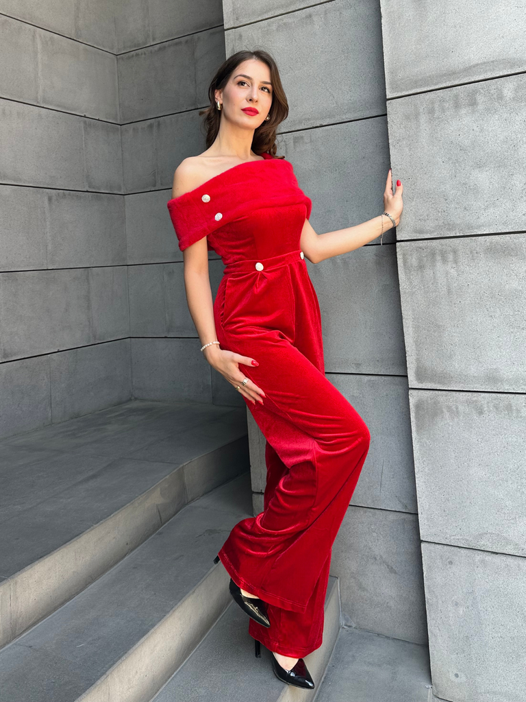 Red 1950s Velvet Off Shoulder Button Jumpsuit