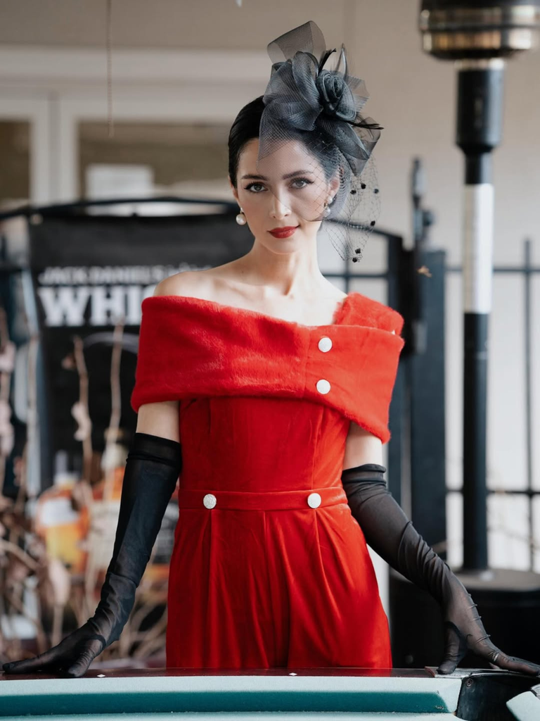 Red 1950s Velvet Off Shoulder Button Jumpsuit