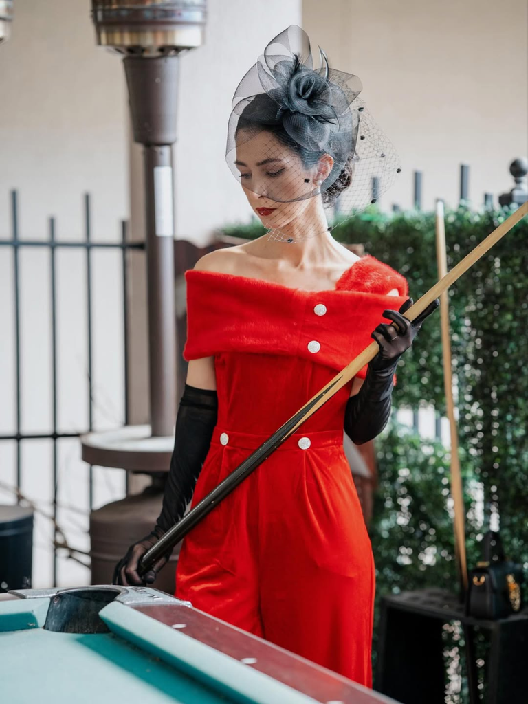 Red 1950s Velvet Off Shoulder Button Jumpsuit