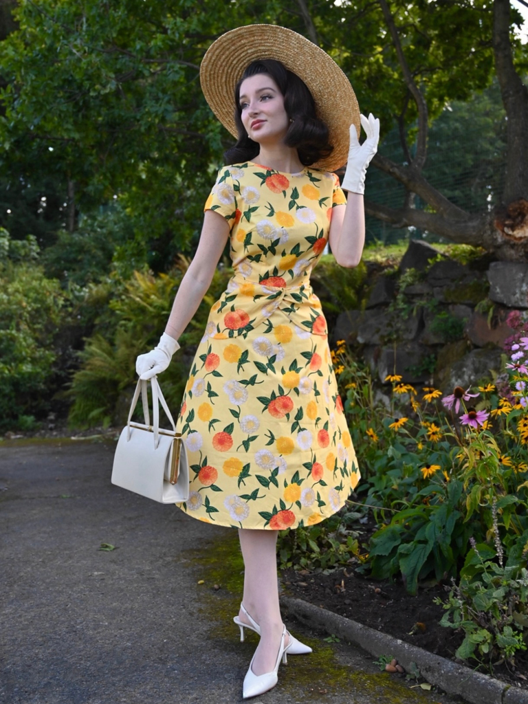 Yellow 1950s Hydrangea Floral Ruched Dress