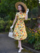 Yellow 1950s Hydrangea Floral Ruched Dress
