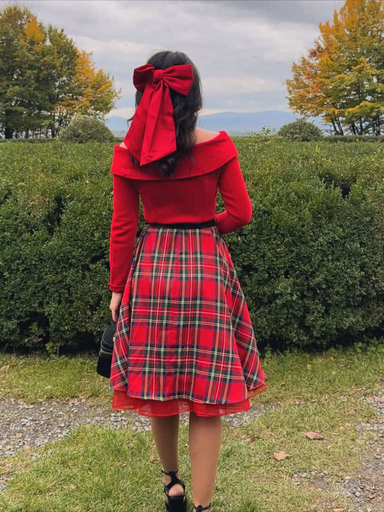 Red 1950s Christmas Off Shoulder Tartan Dress