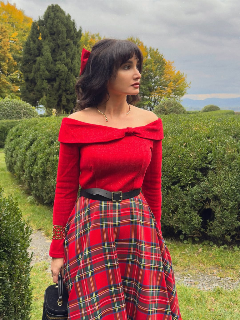 Red 1950s Christmas Off Shoulder Tartan Dress