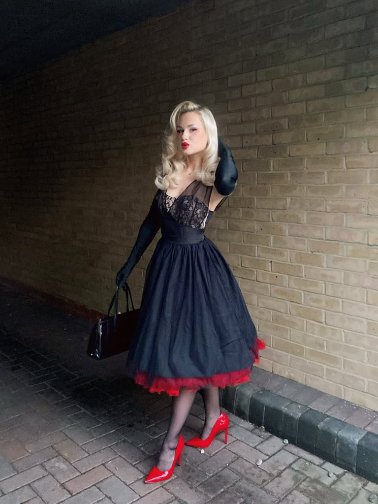 Black 1950s Lace Floral Mesh Swing Dress