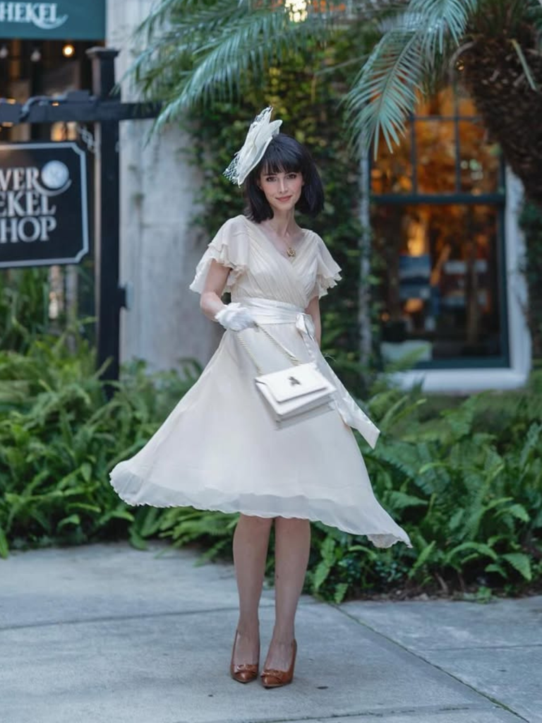 Champagne 1950s Satin Belt Tulle Cocktail Dress