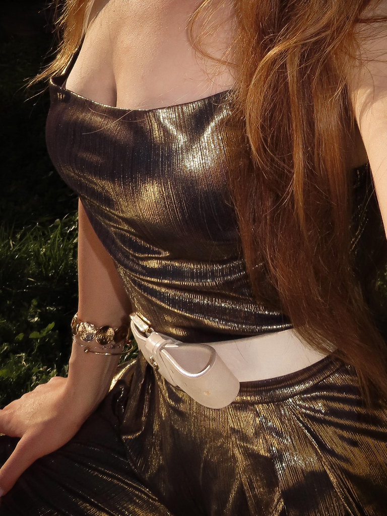 Metallic Gold 1980s Cowl Neck Spaghetti Strap Jumpsuit