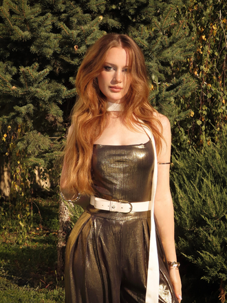 Metallic Gold 1980s Cowl Neck Spaghetti Strap Jumpsuit