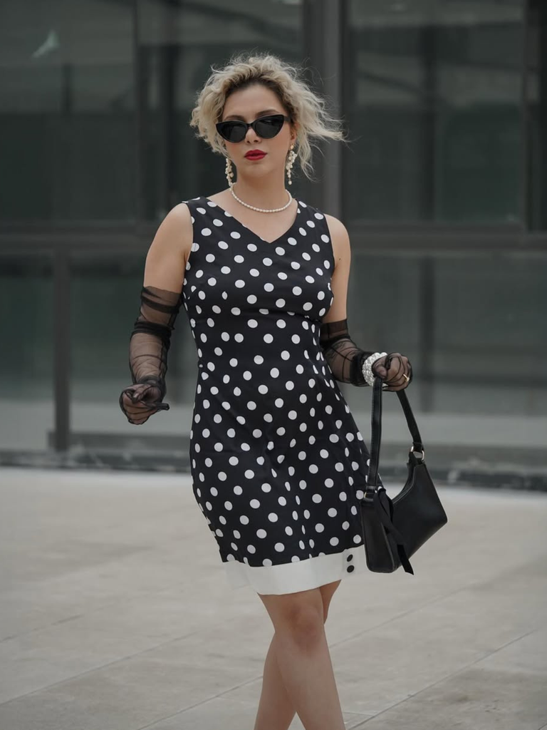Black 1960s Polka Dot V-Neck Dress