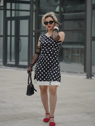 Black 1960s Polka Dot V-Neck Dress