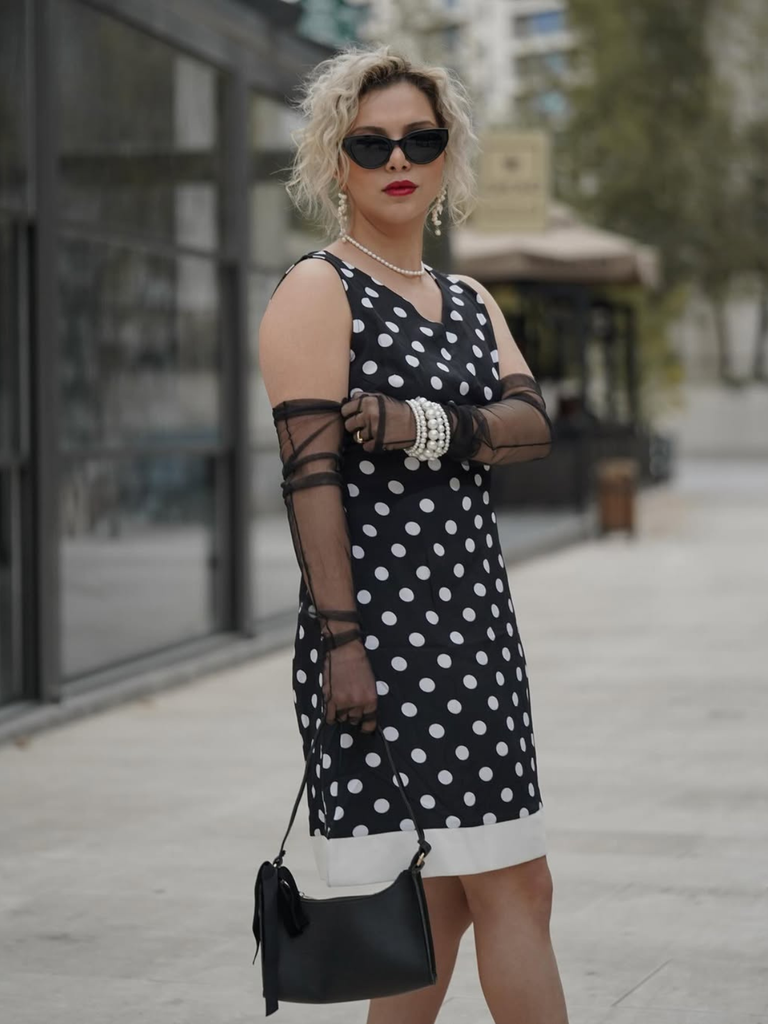 Black 1960s Polka Dot V-Neck Dress
