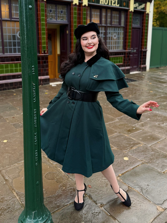 Green 1930s Double-Breasted Belted Coat With Cape