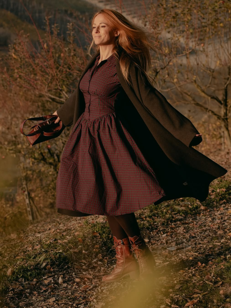 Red 1950s Plaid Lapel Puff Sleeves Cotton Dress