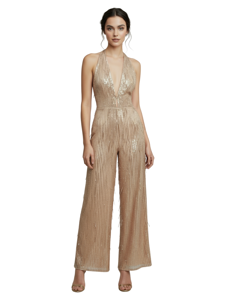 1970s Halter Deep V-Neck Sequin Fringe Jumpsuit