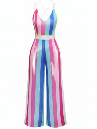 Multicolor 1960s V-Neck Sequined Vertical Striped Jumpsuit