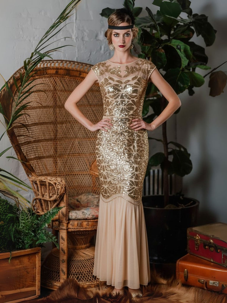 Apricot 1920s Sequin Maxi Flapper Dress