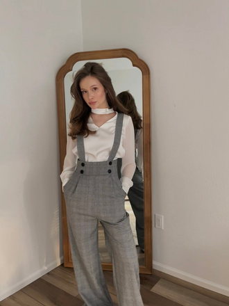 2PCS 1940s Satin Puff Sleeve Blouse & Glen Plaid Overall Pants