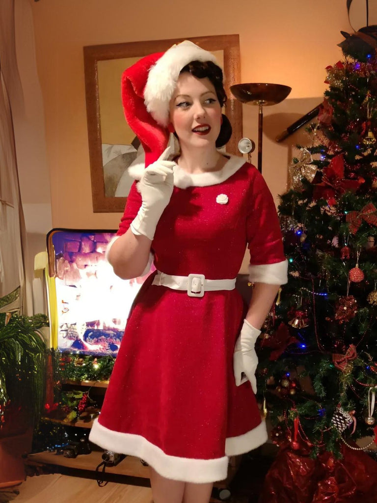 Red 1950s Solid Plush Christmas Dress