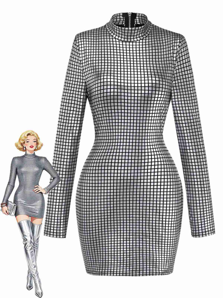 Glamorous silver mini dress featuring 1960s-inspired sparkly square sequins with mock neck design, perfect for cocktail parties and evening events