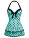 A teal one-piece swimsuit with black polka dots, featuring a halter neck and a black bowknot decoration at the bust.