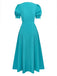 Rear view of the teal puff-sleeve dress showcasing the fitted waist and the smooth, flowing skirt silhouette.