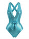 Studio front view of the shimmering teal swimsuit highlighting the belted waist and plunging neckline.