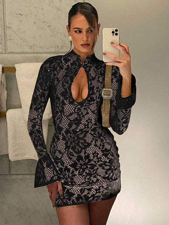 1960s Lace Cutout Bell Sleeves Bodycon Dress